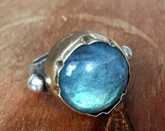 Labradorite Ring, blue gemstone ring, sterling silver gold ring, two-tones ring, Statement ring, high stone ring - Lost in your eyes R1289C