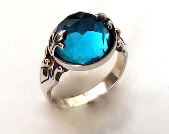 London Topaz statement ring, sterling Silver ring, stone ring,  birthstone ring, Silver Gold fleur de lis ring - To be alive R2182-1