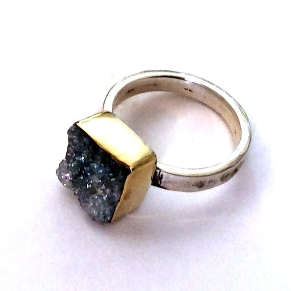 Purple druzy ring, gemstone ring, hammered silver band, gold silver ring, Sterling Silver Band, sterling silver ring - Party girl. R2177-2