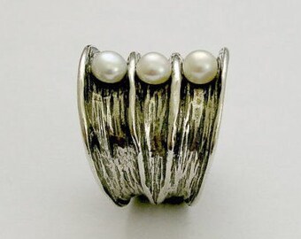 Pearls ring, Wide silver Band, bohemian ring, large statement ring, cocktail ring - Bubbling emotions R1483-1