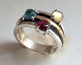 Mothers birthstones ring, silver gold ring, gift for mom, boho ring, personalised ring, two tone ring - What makes you happy R2214