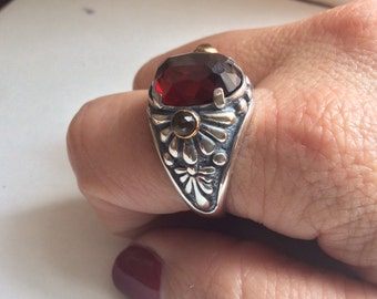 Garnet ring, silver gold ring, floral ring, gemstone ring, statement ring, boho ring, cocktail ring, Red stone ring - Mystic day R2212