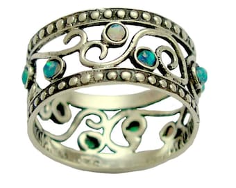 Blue opals ring, Sterling Silver ring, blue gemstones band, oxidised silver ring, wide silver ring, filigree ring - Shades of spring. R1267