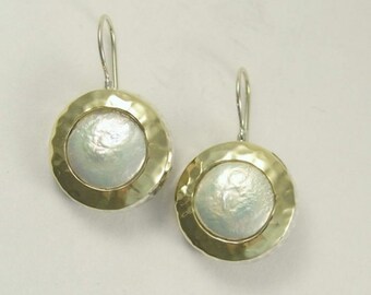 Coin pearl earrings, Yellow gold earrings, two-tone earrings, hammered gold earrings, sterling silver earrings - White fields forever E7717