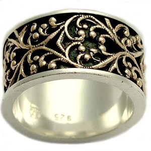 Sterling silver band, gold silver ring, filigree ring, lace ring, wide silver ring, wedding band, unisex band, two tones Ring - Karma R1146