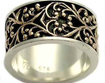 Sterling silver band, gold silver ring, filigree ring, lace ring, wide silver ring, wedding band, unisex band, two tones Ring - Karma R1146