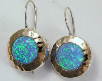 Opal Two toned hammered silver rose gold earrings - Blue fields forever E7717
