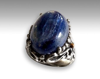 Kyanite silver ring, cocktail ring, two tone ring, oval stone ring, blue stone ring, floral ring - Overlooking R2202