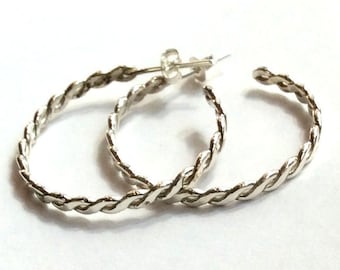 Sterling silver earrings,  braided earrings, silver hoop earrings, oxidized earrings, large hoops, boho hoops, hippie hoops - Twist E8031