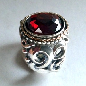 Garnet ring, ornate ring, Silver gold ring, bohemian ring, Red statement ring, unique engagement ring, two tone ring Red Light R2234 image 2