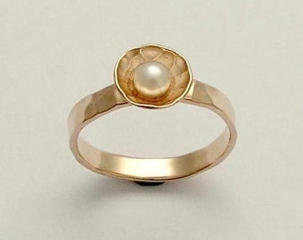 Pearl bowl ring, fresh water pearl ring, 14K gold ring, white gold ring, engagement ring, hammered ring, two-tone ring - Pure and innocent.