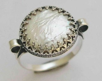 Pearl Silver ring, engagement ring, fresh water coin pearl ring, simple ring, princess crown ring, gypsy - Snow white 2 - R1172S