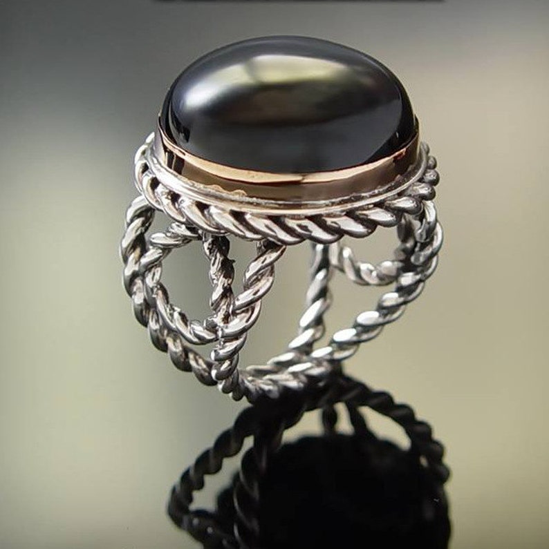 statement ring cable band stone ring gold and silver cabochon ring Cocktail ring two tone ring Real Love Onyx Stone Ring R1561