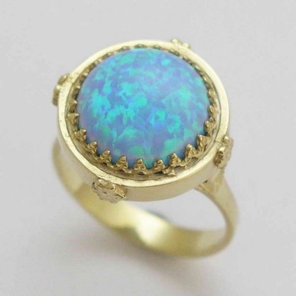 Solid Yellow gold opal ring, crown ring, Victorian ring, opal October birthstone ring, engagement ring, floral ring - Something blue RG1247