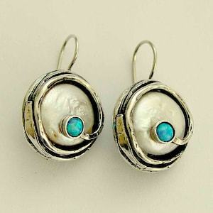 Coin pearl earrings, blue opal earrings, stone earrings,  sterling silver earrings, organic round earrings - Eye of the storm E7897A