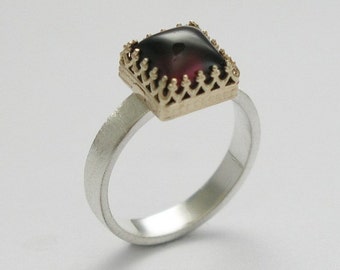 Garnet ring, square gemstone ring, engagement ring, Red gemstone ring, Sterling Silver ring, twotone ring - Wine kingdom. R1095H-1