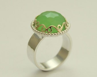 Green jade ring, gemstone ring, gold crown ring, statement ring, Sterling Silver Ring, silver gold ring, Victorian ring - Royalty R1260