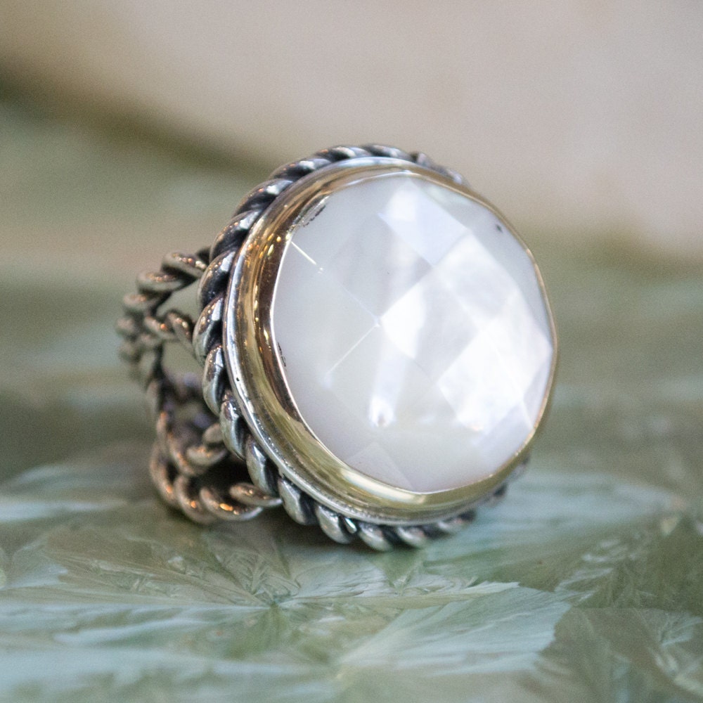 Faceted Cabouchon Ring Oval Shell Ring Mixed Metals Ring - Etsy