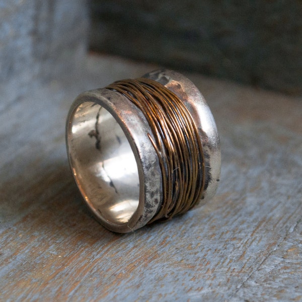 Wire wrapped silver brass ring, wide wedding band, Rustic Mens Ring - Happy together R2174