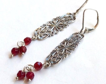 Sterling silver earrings, drop garnet earrings, boho earrings, filigree earrings, gypsy earrings, hippie earrings - In your arms - E8030