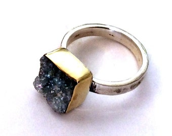 Gold silver ring, Sterling Silver Band, sterling silver ring, purple druzy ring, gemstone ring, hammered silver band - Party girl. R2177-2