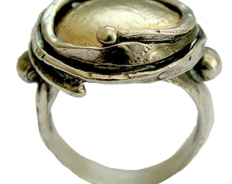 Statement ring, Two Tone Ring, Silver ring, silver gold ring, round ring, cocktail ring, oxidized ring - Walking in circles R1470G