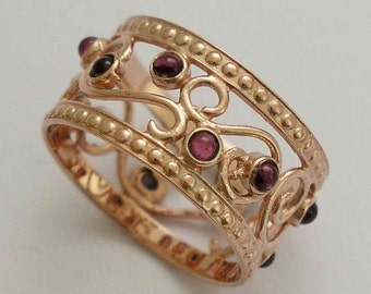 Solid Rose Gold wedding Band, gypsy ring, garnets band, boho ring, multi stones ring, dainty ring, 14k gold ring - Shades of spring RG1267