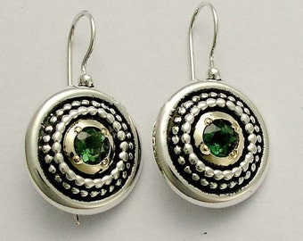 Sterling silver gold earrings, mixed metal earrings, oxidized silver earrings, medallion earrings, bridal earrings - Green Heart - E0294X