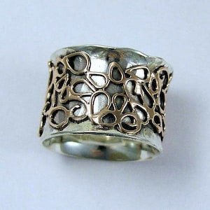 Trouwring, brede Unisex Band, gouden Zilveren combo ring, gouden lace ring, gemengde metalen ring, trouwring, boho ring - wanneer ik wandel R1221