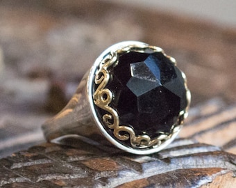 Onyx Ring, crown ring, black stone ring, silver gold ring, gypsy ring, bohemian ring, boho chic jewelry -The deepest jet black R1260