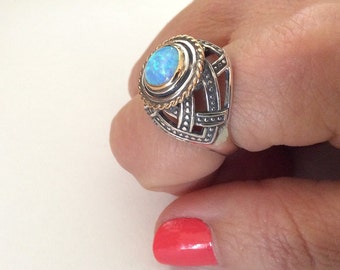 Opal silver gold ring ∙ Gift for wife ∙ Unique ring ∙ Blue stone ring ∙ High ring ∙ Bohemian jewelry, statement ring - Precious love R2176