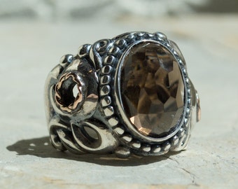 Smoky quartz ring, Sterling Silver ring, ornate ring, bohemian ring, statement ring, unique engagement ring, two tone ring - Heartland R2211