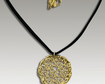 Round Gold lace necklace, 14k yellow gold pendant, black suede string, gold pendant, brushed gold necklace, large pendant - Gold Lace NG4687