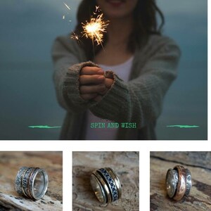 May include: Three silver spinning rings with different designs. The first ring has a floral pattern, the second ring has blue gemstones, and the third ring has a hammered texture. The rings are on a wooden surface. "Spin and Wish" is written below the rings.