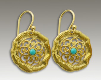 Solid yellow Gold Earrings, turquoise earrings, gemstone earrings, round earrings, floral earrings, wedding earrings - Golden Sun EG2161B