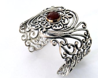 Wide filigree cuff, Sterling silver gold cuff, filigree bracelet, carnelian stone, statement cuff, rustic orange stone - All you need B3001