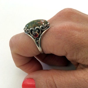 Green jasper ring, Statement ring, gemstone ring, garnets, cocktail ring, sterling silver ring, silver yellow gold ring - Calm Love R2163