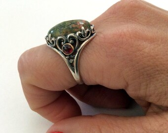 Green jasper ring, Statement ring, gemstone ring, garnets, cocktail ring, sterling silver ring, silver yellow gold ring - Calm Love R2163