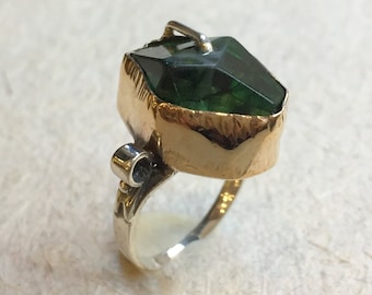 Green quartz ring, organic ring, OOAK ring, boho ring, raw gemstone ring, cocktail ring, silver gold ring, twotone ring - Mermaid R2392