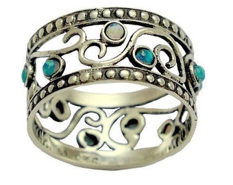 Silver ring, Opal Ring, gemstone ring, ornate silver ring, October birthstone ring, multi stone ring, wide band - Shades of spring - R1267