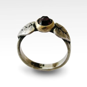Red garnet ring, Sterling Silver Leaves ring, yellow gold leaves ring, gemstone ring, twotone ring, woodland silver ring - Tender kiss R1335