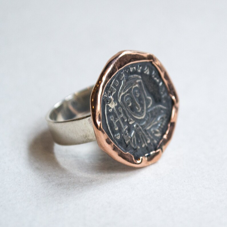 Silver coin ring, two-tone ring, tribal ring, sterling silver ring, rose gold ring, boho ring, gypsy ring, hippie ring, ethnic Epic R2270 image 2