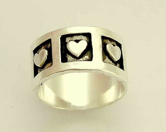 Sterling Silver Hearts Band, valentines ring, sterling silver ring, triple hearts ring, oxidized silver ring - Live laugh love R1281A