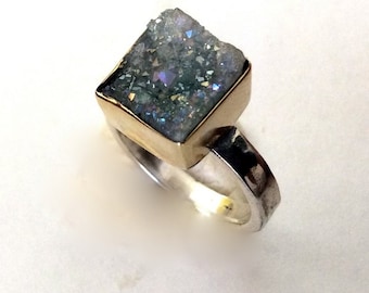 Silver Gold engagement ring, gold silver ring, druzy ring, Two Tone ring, boho ring, gypsy ring, unique druzy ring - Party girl R2177-1
