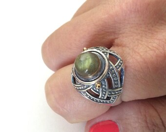 Labradorite ring, high ring, rustic ring, statement ring, gypsy ring, sterling silver ring, two tones ring, gold silver ring - Zen R2175
