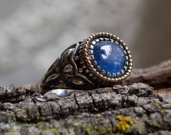 Kyanite Ring, silver gold ring, ornate ring, oval gemstone ring, blue stone ring - The Storm - R2244