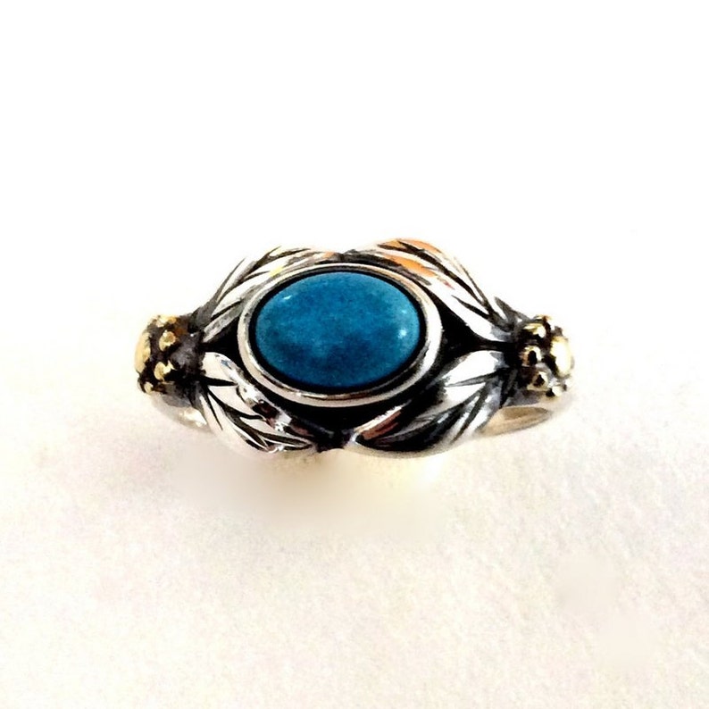 Gold Silver Ring, turquoise ring, gemstone ring, birthstone ring, Two tones ring, leaves ring, botanical ring Wonder R2185 image 4