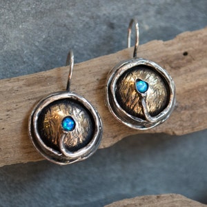 Blue opal earrings, gemstone earrings, Oxidized rustic sterling silver earrings, silver yellow gold earrings - A place under the sun E7897X