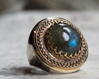 Labradorite ring, silver gold ring, two tone ring, gold filigree ring, Boho ring, gypsy ring, ethnic Gemstone ring - The King ring R1110EA