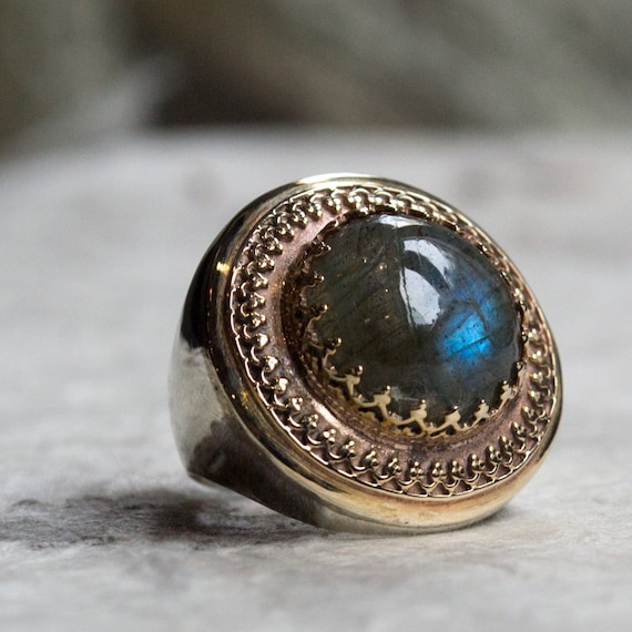 Labradorite ring, silver gold ring, two tone ring, gold filigree ring, Boho ring, gypsy ring, ethnic Gemstone ring - The King ring R1110EA